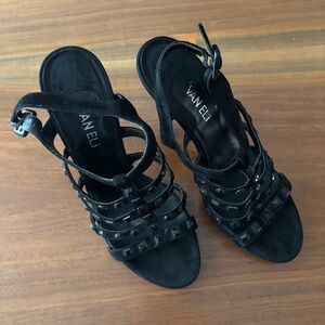 Strappy Black Suede Heels with Black Studs